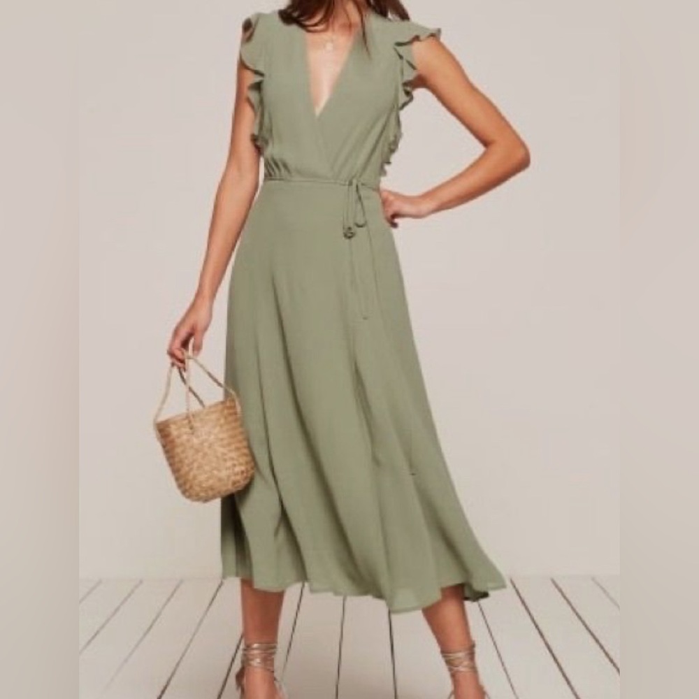 Reformation Hilary Wrap Dress in Sage Green, Size 0